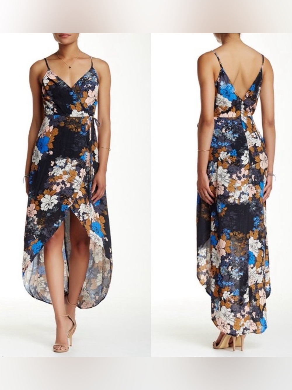 ASTR The Label Donna Floral Faux Wrap Tie Waist High-Low Black Blue Maxi Dress S